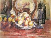Nature morte,pommes,bouteille et dossier de chaise Paul Cezanne